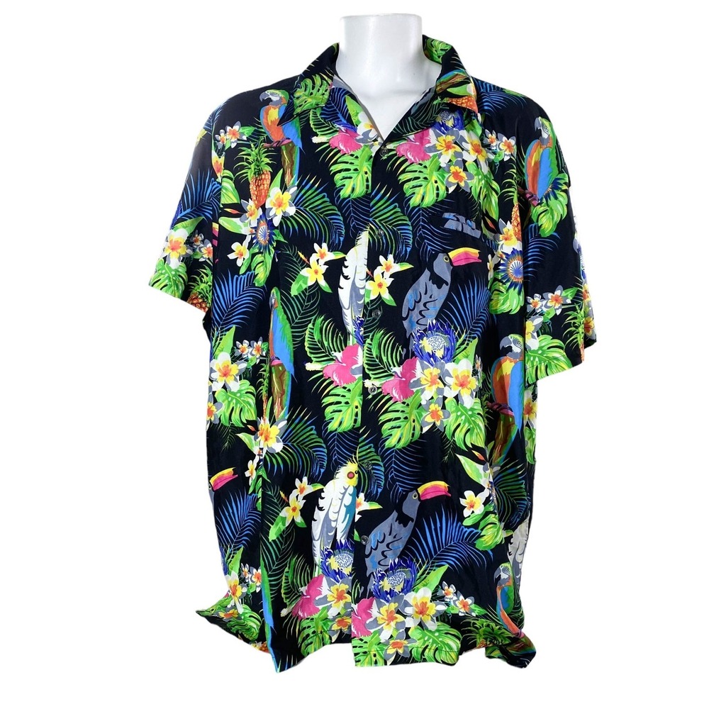 King Kameha Hawaiian‎ Shirt 4XL Tropical Birds Floral Pineapples Flowers Black